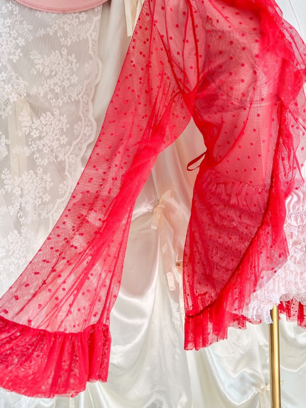 Sheer Red Polka Dot Ruffle Mesh Duster Cardigan - Picture 5 of 5